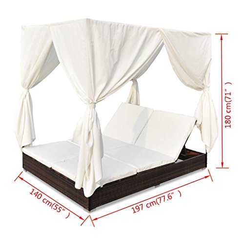 mewmewcat Tumbona con Cortinas de ratán sintético marrón, Tumbona con Toldo y Cortinas Ratán PE Marrón y Blanca Cama de Jardín