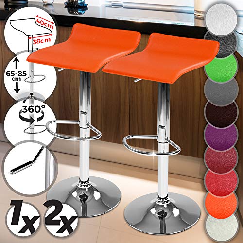 MIADOMODO Taburete de Bar - con Reposapiés, en Metal Cromado y Cuero Artificial, Giratorio, Regulable en Altura, Color y Juego a Elegir - Sedia, Silla, Taburete, Comedor, Mueble (Naranja, Juego de 2)