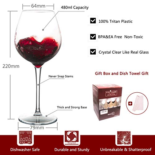 MICHLEY Irrompible Copas de Vino Tinto, 100% Tritan-plástico Copas Vino Cristal,475 ML BPA y EA Gratis Vaso de Vino