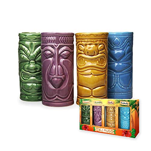 MikaMax – Tiki Mugs Set - Juego de 4 cócteles de cerámica - Copas de cóctel - Copas de Bar Tiki – Taza de Cerámica - 29 x 8 x 15 cm – Copas para Cocteles - Coctel de Piña Colada