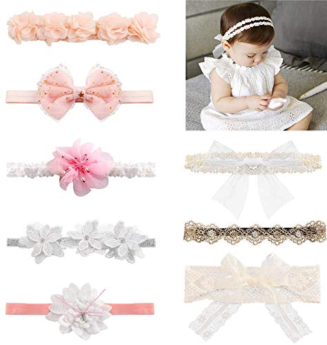 Milacolato 8 Unids Baby Girl Diademas Súper Elástica Diadema y Arcos para Recién Nacido Pétalos de Encaje Flor Accesorios para el Cabello Regalo de la Niña