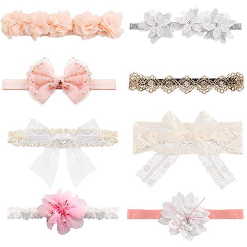 Milacolato 8 Unids Baby Girl Diademas Súper Elástica Diadema y Arcos para Recién Nacido Pétalos de Encaje Flor Accesorios para el Cabello Regalo de la Niña