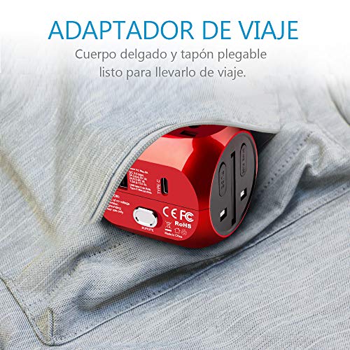 milool Adaptador Enchufe, Adaptador de Viaje Enchufe Universal Carga rápida Tres Puertos (2.4A) Seguridad de Doble fusibles para Enchufes con EU,AU,Asia,US,UK Acerca de 150 Países -（Rojo）