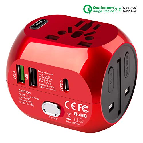 milool Adaptador Enchufe, Adaptador de Viaje Enchufe Universal Carga rápida Tres Puertos (2.4A) Seguridad de Doble fusibles para Enchufes con EU,AU,Asia,US,UK Acerca de 150 Países -（Rojo）