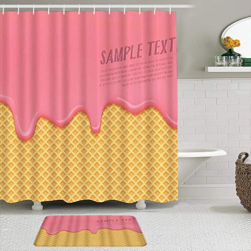 Minalo Juego de Cortinas de Ducha de 2 Piezas con Alfombra de baño Antideslizante,Crema Fresa Derretir Oblea Galleta Líquido Dulce Delicioso Postre Delicioso,12 Ganchos,Decoración de baño