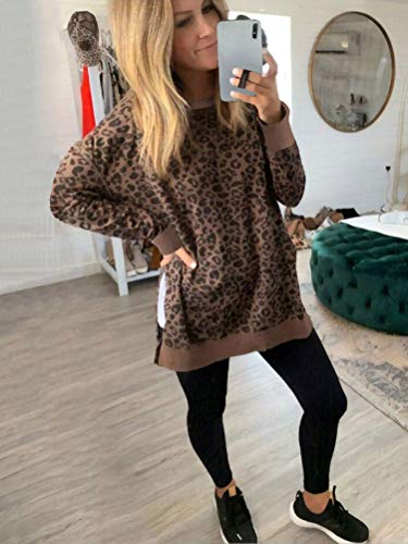 Minetom Mujer Sudadera Casual Cuello Redondo Suelto Manga Larga Sweatshirt Pullover Leopardo Camuflaje Raya Impresión Jersey Top Blusa Camisa A Café 42