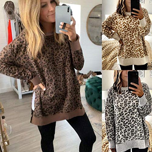 Minetom Mujer Sudadera Casual Cuello Redondo Suelto Manga Larga Sweatshirt Pullover Leopardo Camuflaje Raya Impresión Jersey Top Blusa Camisa A Café 42