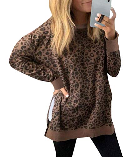 Minetom Mujer Sudadera Casual Cuello Redondo Suelto Manga Larga Sweatshirt Pullover Leopardo Camuflaje Raya Impresión Jersey Top Blusa Camisa A Café 42