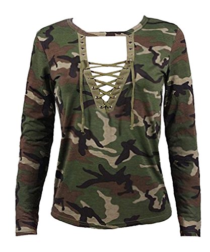 Minetom Mujer Tops Primavera y Verano Manga Larga Camisa Blusa Slim Camuflaje Impresión Casual Shirt Verde ES 36