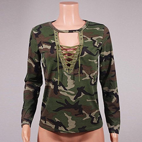 Minetom Mujer Tops Primavera y Verano Manga Larga Camisa Blusa Slim Camuflaje Impresión Casual Shirt Verde ES 36