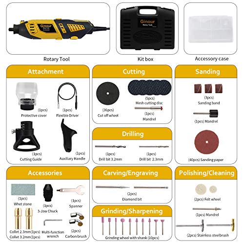 Mini amoladora eléctrica, Ginour Kit de herramientas rotatorias 170W Multifunción con 109 accesorios y 7 Velocidad Variable para DIY trabajos de cortar/lijar/grabar/limpiar/pulir