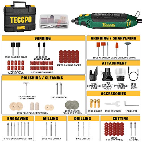 Mini Amoladora Eléctrica, TECCPO Herramienta Rotativa Tool 135W, 10000-35000 tr/min, 114 Accesorios Kit Eléctrico de 6 Velocidades con Caja Rígida, Ideal Para Cortar/Pulir