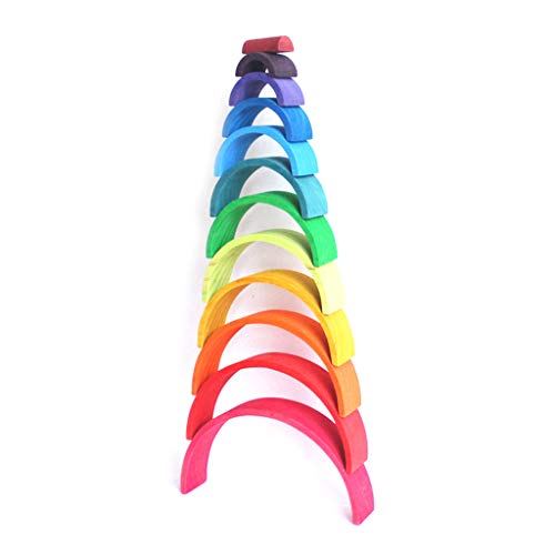 MiSha Arco Iris Stacker de 12 Piezas de Madera, Arco Iris Stacker Juguete clásico de Montessori para niños pequeños Actividades Building Blocks Juguetes para los niños