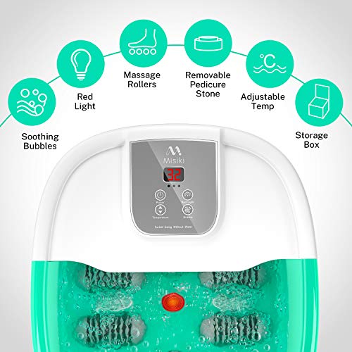 Misiki baño para Pies Masajeador de Spa con Burbujas, Calentamiento, Vibración y Apagado Automático, Hidromasaje de pies con 4 Rodillos de Masaje y Piedra Pómez para Alivio de Dolores de pies