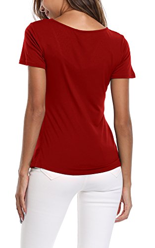 MISS MOLY Mujer Blusa de Mangas Cortas y Dobladillo con Ribete Cintura impermeabilizada con Blusa de Gasa Rojo Vino - L