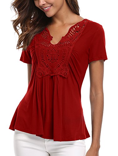 MISS MOLY Mujer Blusa de Mangas Cortas y Dobladillo con Ribete Cintura impermeabilizada con Blusa de Gasa Rojo Vino - L