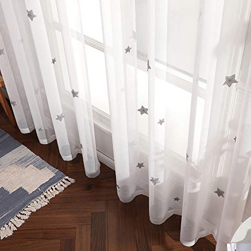 MIULEE Cortina Visillo Bordado Translucido de Dormitorio Infantil Juvenil Dos Paneles con Ojales Plateados para Sala de Estar Cuarto de Niño Comedor Habitación Patrón de Estrella 140x175cm Gris