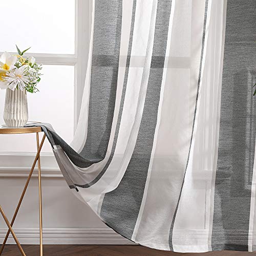 MIULEE Cortinas Translucida de Dormitorio Moderno Ventana Visillos Rayas Salon Paneles con Ojales Plateados para Sala Cuarto Dormitorio Salon Habitación 140 x 245 cm 2 Unidades Blanco y Gris Oscuro