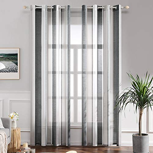 MIULEE Cortinas Translucida de Dormitorio Moderno Ventana Visillos Rayas Salon Paneles con Ojales Plateados para Sala Cuarto Dormitorio Salon Habitación 140 x 245 cm 2 Unidades Blanco y Gris Oscuro