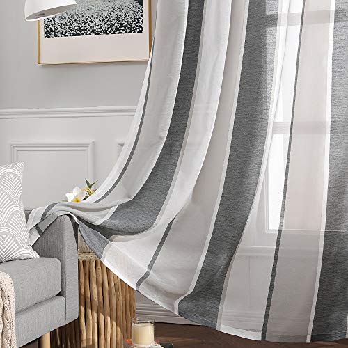 MIULEE Cortinas Translucida de Dormitorio Moderno Ventana Visillos Rayas Salon Paneles con Ojales Plateados para Sala Cuarto Dormitorio Salon Habitación 140 x 245 cm 2 Unidades Blanco y Gris Oscuro