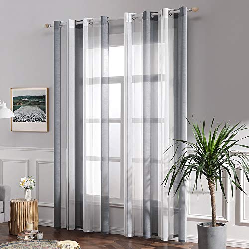 MIULEE Cortinas Translucida de Moderno Ventana Visillos Rayas Salon Paneles con Anillas para Sala Cuarto Comedor Salon Cocina Habitación 140 x 225 cm, 2 Unidades Blanco+Gris