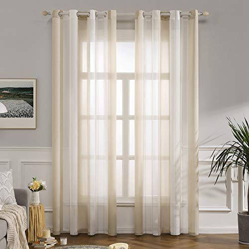 MIULEE Cortinas Translucida de Moderno Ventana Visillos Rayas Salon Paneles con Ojales para Sala Cuarto Comedor Salon Cocina Habitación 140 x 260 cm, 2 Unidades Blanco+Beige