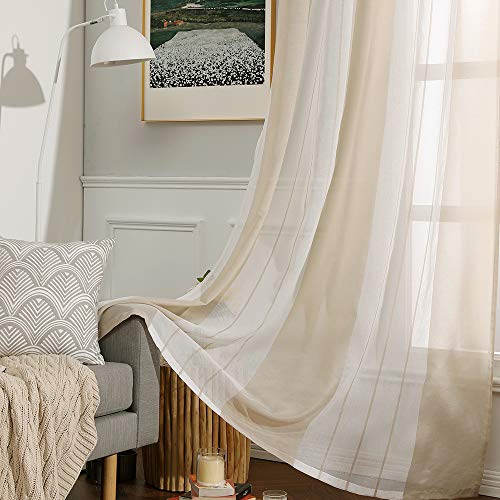 MIULEE Cortinas Translucida de Moderno Ventana Visillos Rayas Salon Paneles con Ojales para Sala Cuarto Comedor Salon Cocina Habitación 140 x 260 cm, 2 Unidades Blanco+Beige