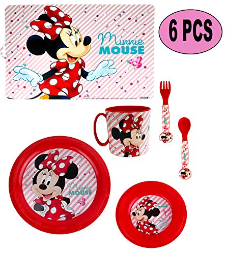 ML Set de Vajilla Infantil para niño y niña. 6 Piezas: Plato, Taza, Cubiertos, Vaso y Mantel con diseño de Disney (roja)