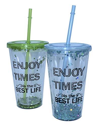 ML Vasos de Batidos de plástico con Tapa y Paja, Bebidas heladas y frías de Verano con Doble Pared y Purpurina Azul