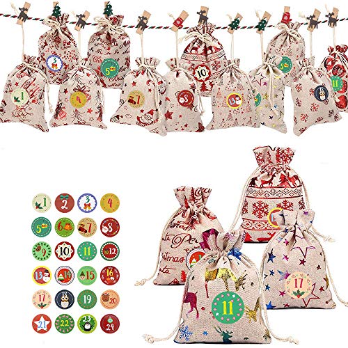 MMTX Calendario de Adviento Bolsa Papel Kraft marrón para empacar Regalos Dulces y Caramelos Pegatinas para niños Suministros de Fiesta de Navidad