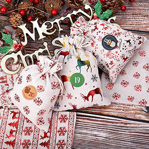 MMTX Calendario de Adviento Bolsa Papel Kraft marrón para empacar Regalos Dulces y Caramelos Pegatinas para niños Suministros de Fiesta de Navidad