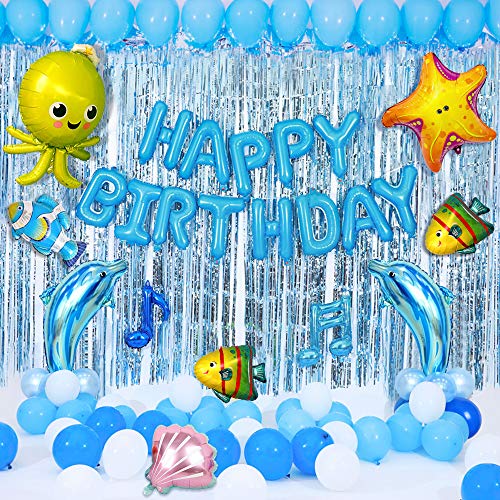 MMTX Globos de Fiesta Decoración Fiesta de cumpleaños del Tema mar Delfín Cáscara Estrella de mar Pulpo Pez Globo de Aluminio de Animales Marinos Birthday Bandera Globos Azules y Blancos