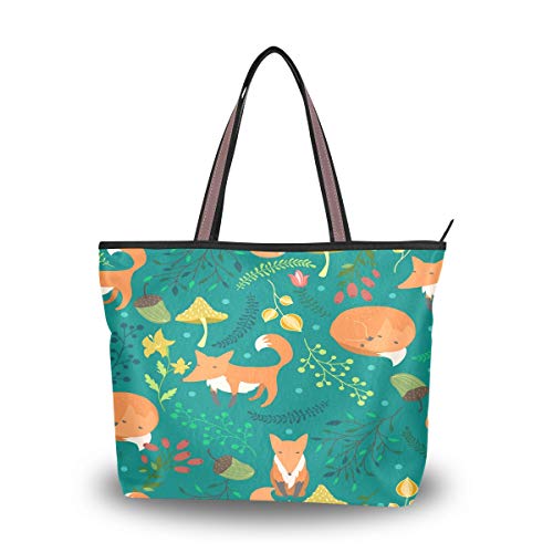 Mnsruu - Bolso de mano con cremallera para mujer, tamaño grande, bolso de la compra casual, L (bonito fogón de fogón, hongo verde floral), color, talla Medium