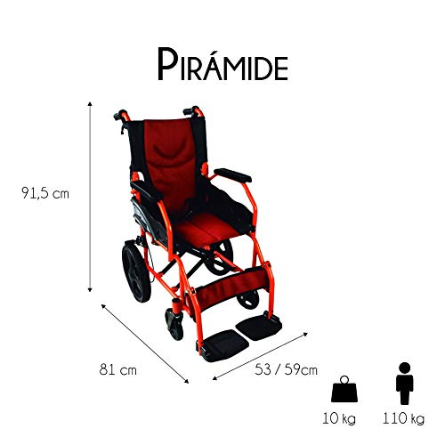 Mobiclinic, Modelo Pirámide, Silla de ruedas ortopédica, asiento de 41 cm, para minuválidos, plegable, de aluminio, freno en manetas, reposapiés, reposabrazos, color naranja