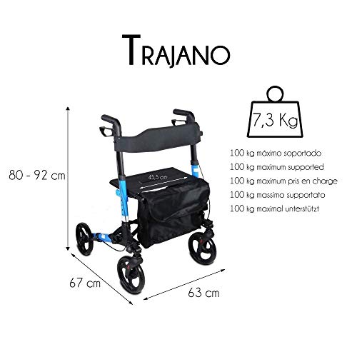 Mobiclinic, Modelo Trajano, Rollator de 4 ruedas, Andador Caminador, Andador para adultos, ancianos, minusválidos, de aluminio, ligero, plegable, con asiento y bolsa, Color Celeste