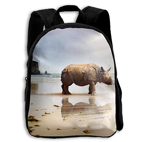 Mochila Escolar, Rhinocero In The Beach School Backpack Knapsack Cute Daypack Children Book Bag For Kids Boys Girls