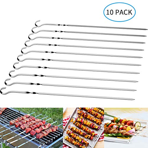 MojiDecor 10 PCS Juego Pinchos Barbacoa Largos, Acero Inoxidable, Plateado, 38 cm