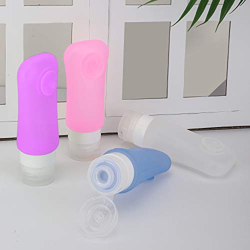 MoKo Botella de Viaje - Anti-Fugas & Rellenable/Compresible Silicona Travel Bottles Set para Champú, Bálsamo, Crema de Baño, Loción, Libre de BPA, FDA Aprobado - Azul & Blanco * Rosa & Morado