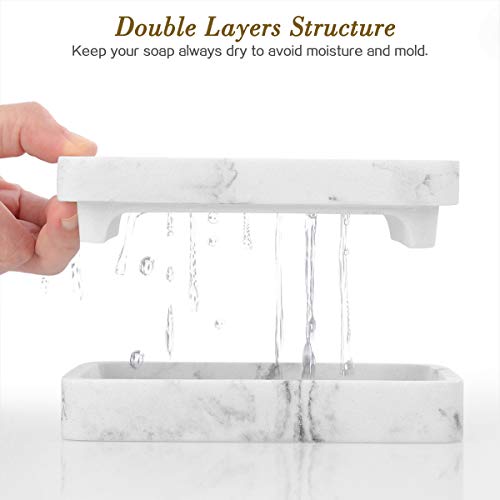 MoKo Soap Dish, Dual-Layer Resin Bar Soap Tray Container Box Case Holder with Detachable Slotted Draining Board Small Tray for Bathroom Kitchen Shower Bathtub Sinks Counter-Top - White Marble