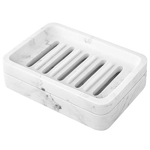 MoKo Soap Dish, Dual-Layer Resin Bar Soap Tray Container Box Case Holder with Detachable Slotted Draining Board Small Tray for Bathroom Kitchen Shower Bathtub Sinks Counter-Top - White Marble