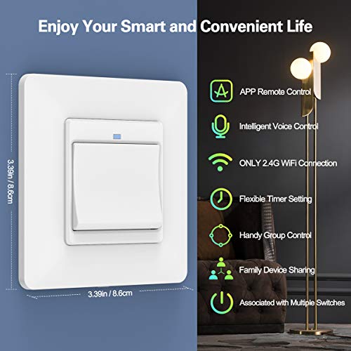 MoKo WiFi Interruptor Inteligente de Pared, WiFi Interruptor de Luz, Control Remoto/Voz, Funciona con Alexa, SmartThings, Google Home, Atajos de Siri, Temporizador, Solo 2.4GHz Red - Blanco