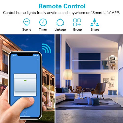 MoKo WiFi Interruptor Inteligente de Pared, WiFi Interruptor de Luz, Control Remoto/Voz, Funciona con Alexa, SmartThings, Google Home, Atajos de Siri, Temporizador, Solo 2.4GHz Red - Blanco