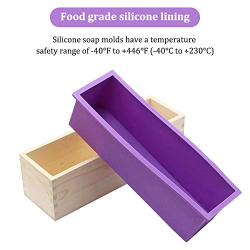 Molde de jabón, molde de silicona rectangular para hacer jabón, con cajas de madera Jabón molde de silicona con caja de madera para productos de jabón caseros de 40 oz (púrpura)