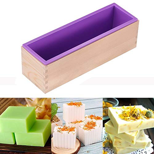 Molde de jabón, molde de silicona rectangular para hacer jabón, con cajas de madera Jabón molde de silicona con caja de madera para productos de jabón caseros de 40 oz (púrpura)