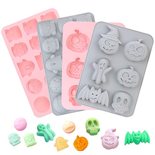 Molde de Silicona de Halloween, Juego de 4 Moldes de Silicona Reposteria, Moldes Silicona para Hacer Tarta, Magdalenas, Bagels, Muffins, Galleta Murciélago Calabaza Fantasma Calaveras Formas