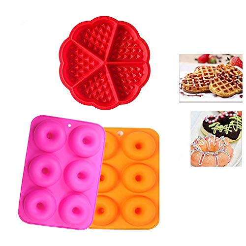 Molde de silicona YFOX, 2 moldes de donuts, 1 molde para gofres, bandeja antiadherente, silicona de calidad alimentaria, sin BPA, se pueden utilizar en hornos, microondas y frigoríficos.