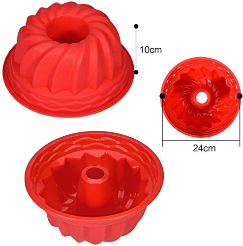 Molde Savarín Hondo para Bizcocho, HOMEK 2pcs 23 x 10 cm Moldes de silicona para repostería, Antiadherente Molde para Hornear Redondo de Silicona Estriado, Rojo