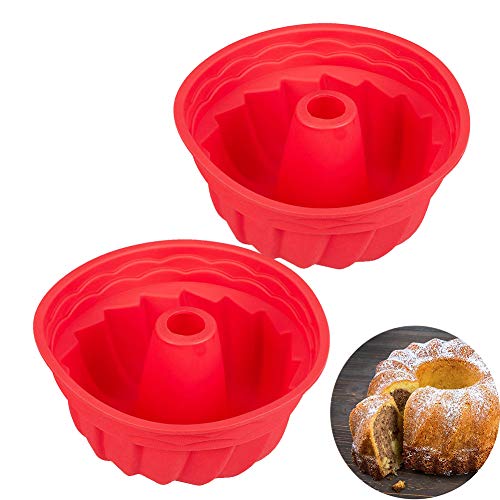 Molde Savarín Hondo para Bizcocho, HOMEK 2pcs 23 x 10 cm Moldes de silicona para repostería, Antiadherente Molde para Hornear Redondo de Silicona Estriado, Rojo