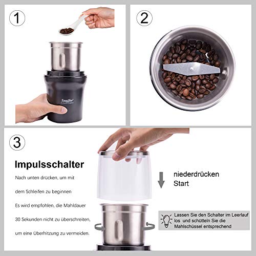 Molinillo de café eléctrico para especias, 300 W, 100 g, recipiente extraíble de acero inoxidable para granos de café, nueces, especias, cereales, molinillo negro