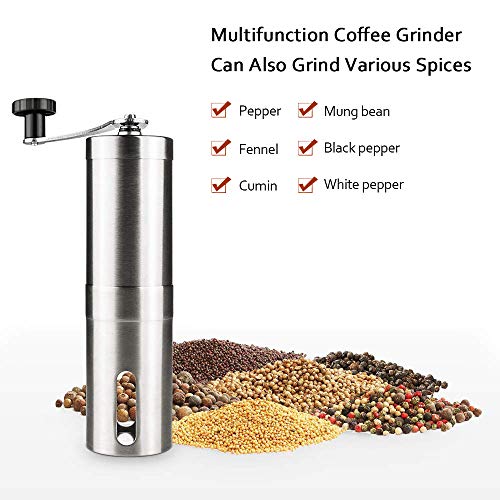 Molinillo de Café Manual, molinillo de café de acero inoxidable con rebabas cónicas de cerámica ajustables, molino de café de mano portátil Ideal para el hogar, la oficina, el exterior, los viajes